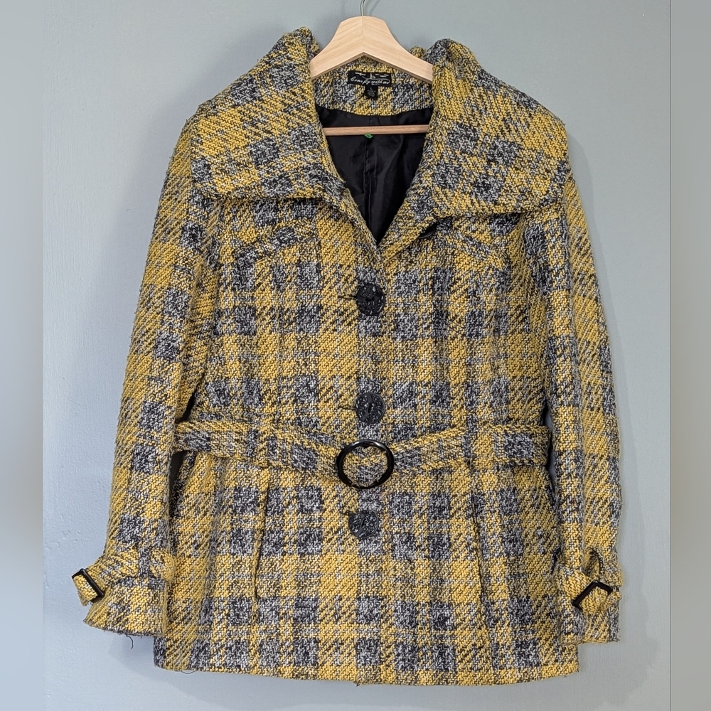 Women's Vintage Y2K Boucle Knit‎ Wool Blend Belted Waist Pea Jacket
